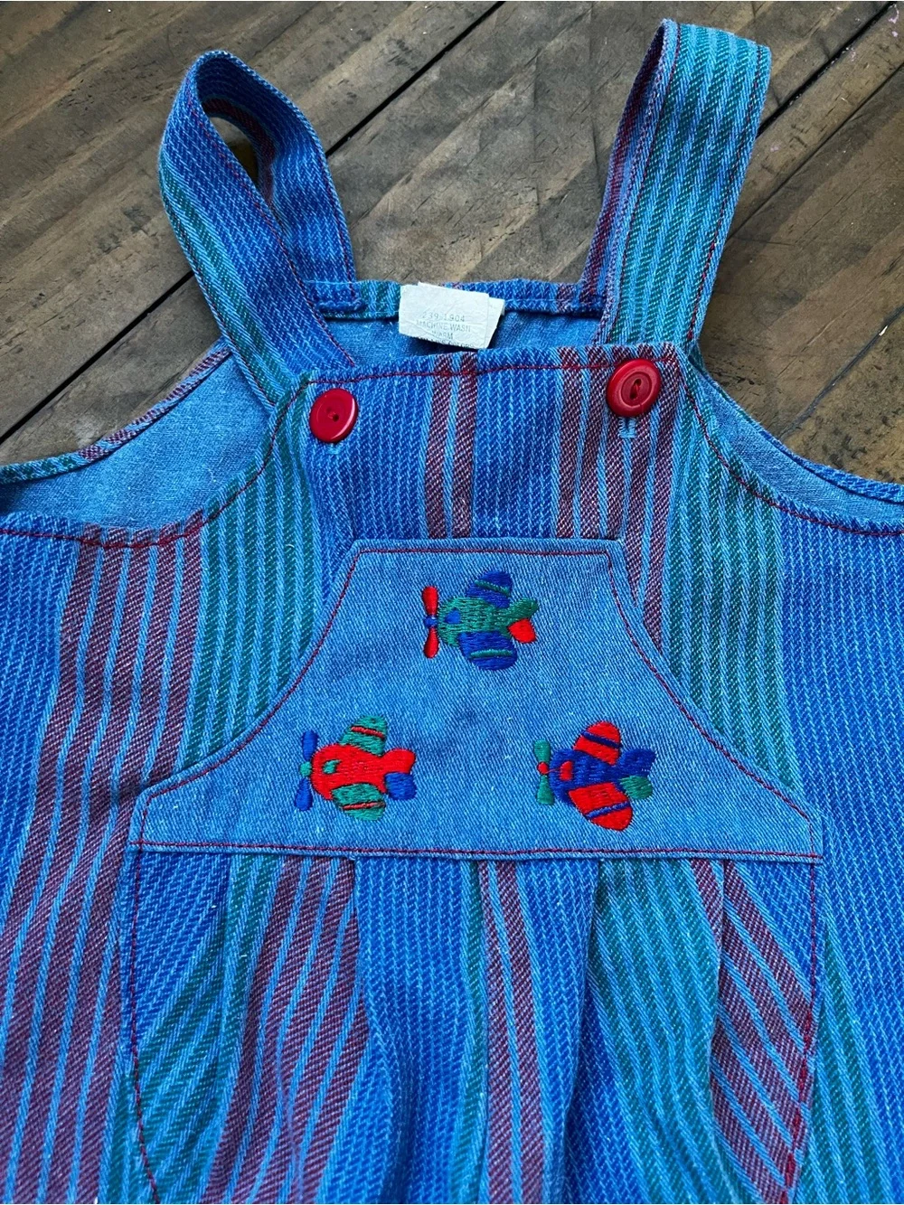Vintage Baby Striped Blue Overalls with Airplane Embroidery